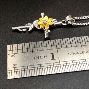 925 Silver Necklace w/ Yellow Sunflower Cross Pendant Anniversary Birthday Gift